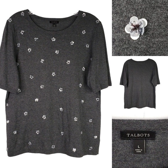 Talbots Embellished Sequin Floral Novelty Sweater Women Large Dark Gray Cotton - Picture 1 of 9